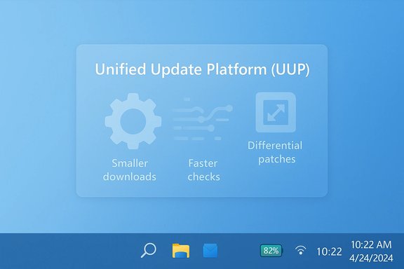 Blue slide promoting Unified Update Platform (UUP) with smaller downloads, faster checks, and differential patches.