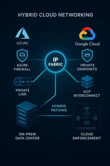 IP Fabric centralizes hybrid cloud networking, linking Azure, Google Cloud, private links, and on-prem data center.