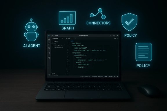 A laptop displays code with neon AI, graph, and policy icons glowing around it. A laptop displays code with neon AI, graph, and policy icons glowing around it.