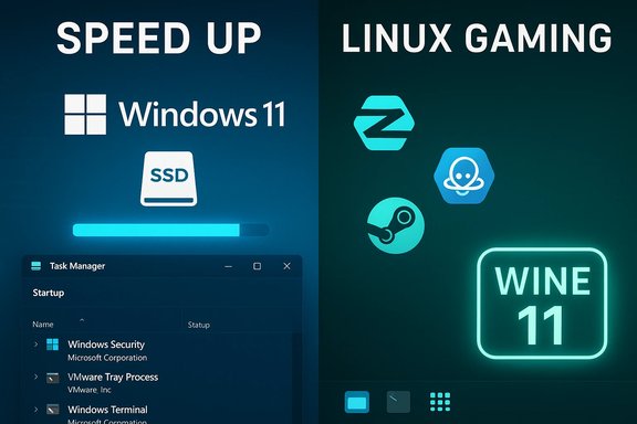 Split screen: Windows 11 speeding up (SSD, Task Manager) on left; Linux gaming with WINE 11 on the right.