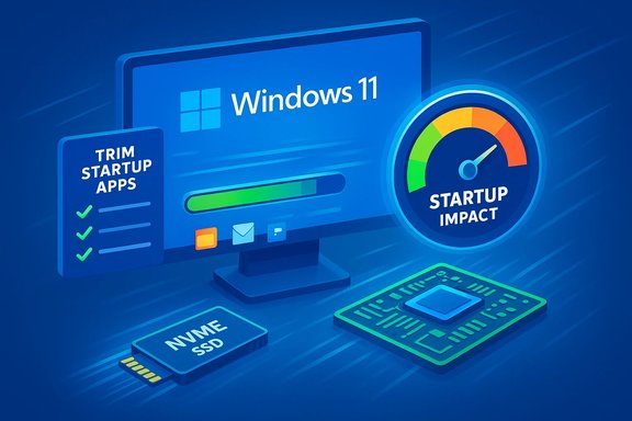 Windows 11 startup optimization scene with TRIM, startup impact gauge, NVMe SSD and processor board.