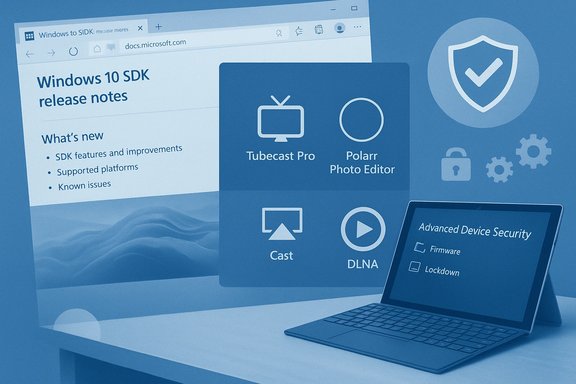 Blue-tinted desk scene featuring Windows 10 SDK release notes on a monitor and a laptop showing Advanced Device Security. Blue-tinted desk scene featuring Windows 10 SDK release notes on a monitor and a laptop showing Advanced Device Security.