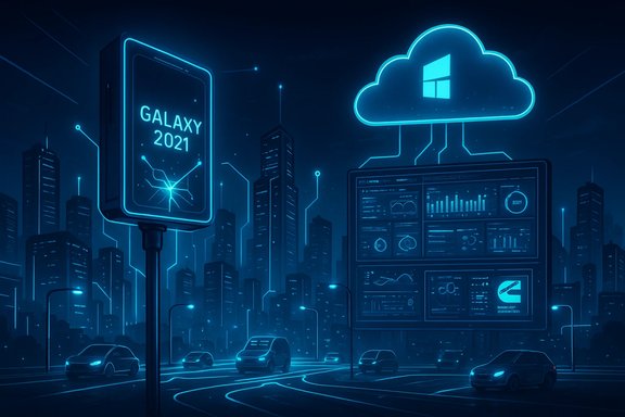 Neon blue futuristic cityscape featuring a GALAXY 2021 sign and cloud-connected analytics dashboards.