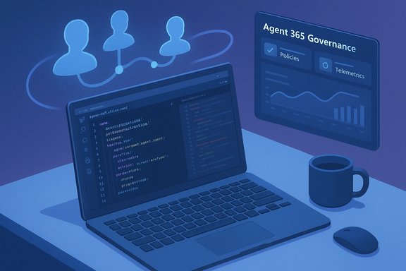 Laptop with code on screen beside a governance dashboard, coffee mug, and abstract connected silhouettes. Laptop with code on screen beside a governance dashboard, coffee mug, and abstract connected silhouettes.