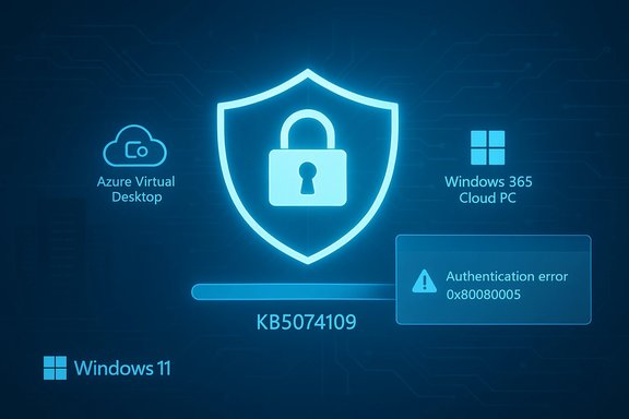 Blue Windows 11 security screen with a shield, cloud apps, and an authentication error. Blue Windows 11 security screen with a shield, cloud apps, and an authentication error.