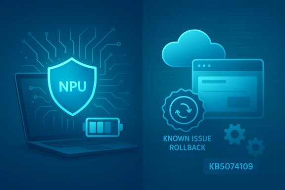 Tech illustration showing an NPU shield and cloud rollback with known issue patch KB5074109. Tech illustration showing an NPU shield and cloud rollback with known issue patch KB5074109.