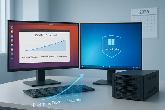 Two monitors display a Migration Dashboard and an End-of-Life shield, with an Enterprise Pilots to Production growth arrow.
