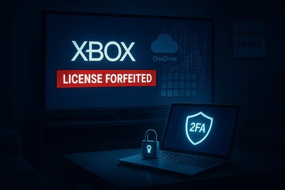Dim room with an Xbox screen showing “LICENSE FORFEITED” and a laptop displaying a 2FA shield.