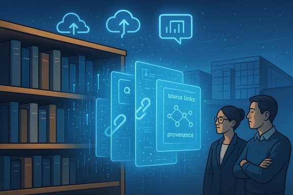 Two professionals study holographic data provenance and source links in a futuristic library.
