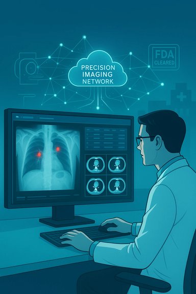 A doctor reviews chest X-ray images on a computer monitor connected to a cloud precision-imaging network.