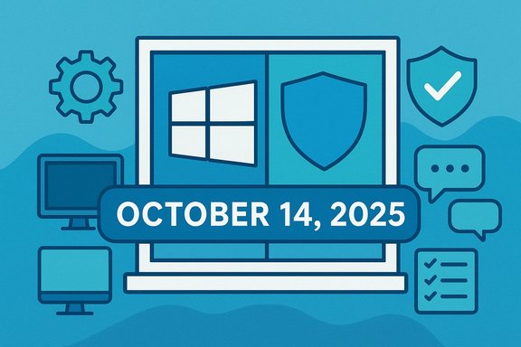 Tech-themed illustration showing Windows logo and shield with a date banner: October 14, 2025.