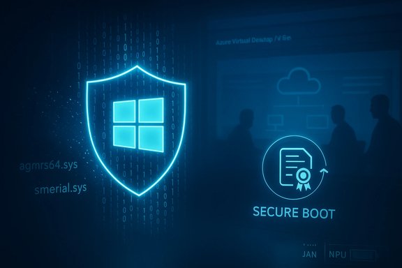 Neon shield with Windows logo, a cloud diagram, and a Secure Boot icon in a cybersecurity scene. Neon shield with Windows logo, a cloud diagram, and a Secure Boot icon in a cybersecurity scene.