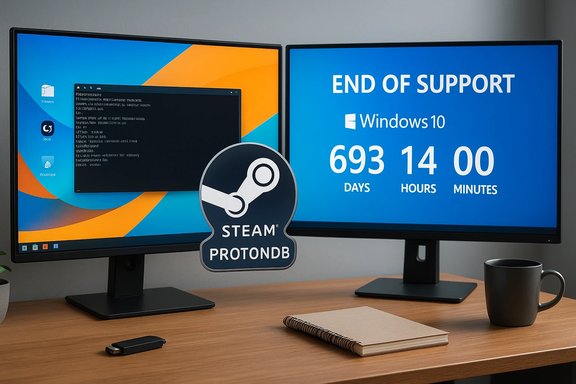 Two-monitor desk setup shows a Windows end-of-support countdown with a Steam ProtonDB badge.