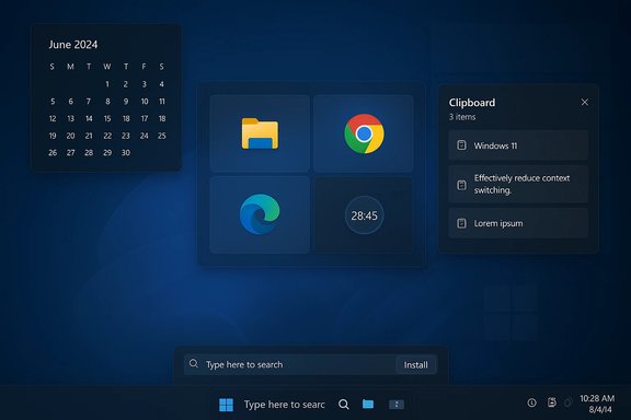 Dark blue Windows-like desktop with June 2024 calendar, app tiles, clipboard panel, and search bar.
