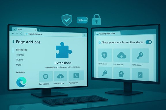 Two monitors show Edge Add-ons and Chrome Web Store settings in a blue-tinted desktop setup.