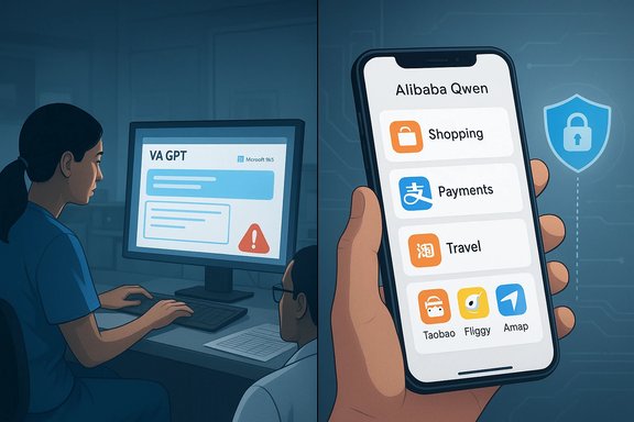 Split-screen: AI work on a computer and Alibaba Qwen apps on a smartphone.