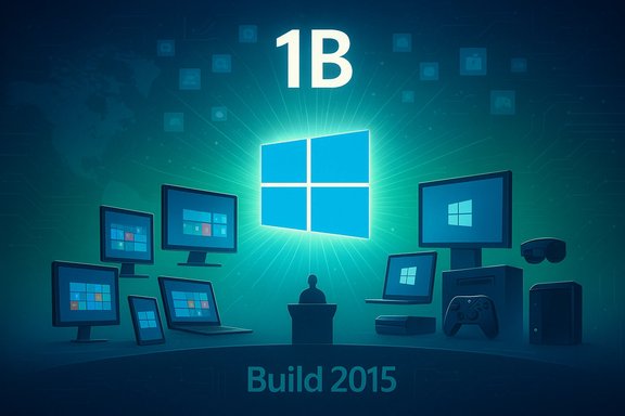 Windows Build 2015: a glowing Windows logo rises above a range of devices.