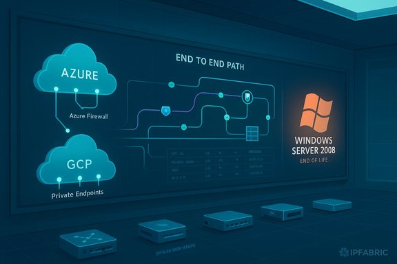 A futuristic wall diagram shows Azure and GCP clouds, an end-to-end path, and Windows Server 2008 end of life.