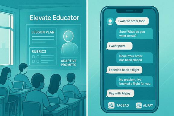Elevate Educator classroom poster paired with a smartphone chat about ordering food and paying with Alipay.