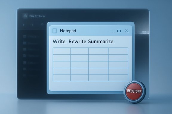 Blue-tinted screen shows a Notepad window with 'Write Rewrite Summarize' and a red REDSTONE button.