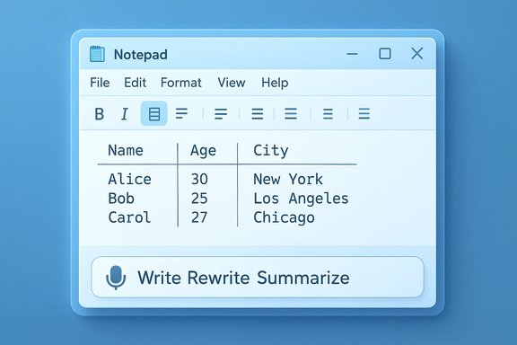 A Notepad-style window displaying a table of names, ages, and cities with a Write/Rewrite/Summarize bar.