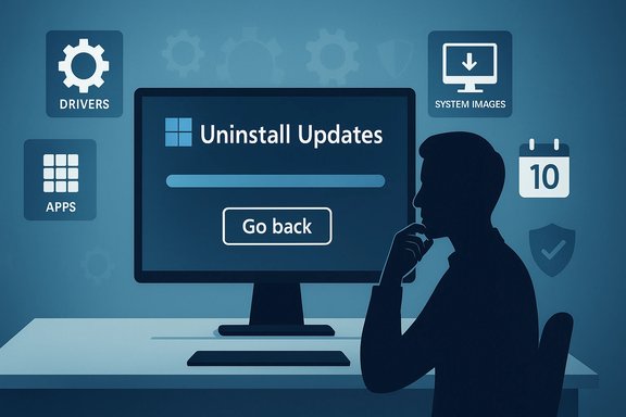 Silhouette at a desk watches the Uninstall Updates progress on a computer screen.