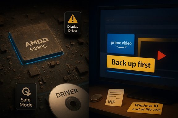 Split image: left shows AMD M880G chip with driver icons; right warns to back up before Windows 10 end of life 2025.
