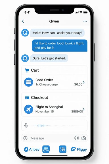 Phone screen shows a Qwen chat bot helping to order food and book a flight (cart items listed).