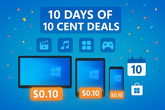 Blue promo banner for '10 Days of 10 Cent Deals' showing devices priced at $0.10 each.