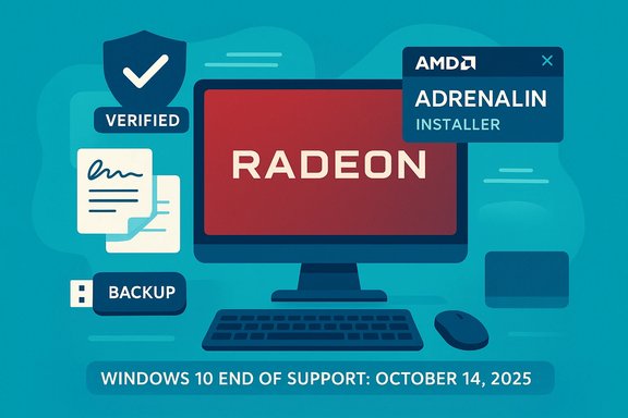 AMD Radeon computer displaying Adrenalin Installer, verified badge, backup icon, and Windows 10 end-of-support date.