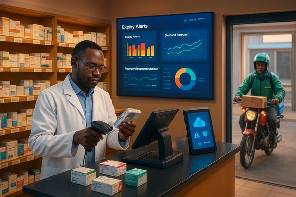 Pharmacist scans medications at the counter as a delivery rider waits outside. Pharmacist scans medications at the counter as a delivery rider waits outside.