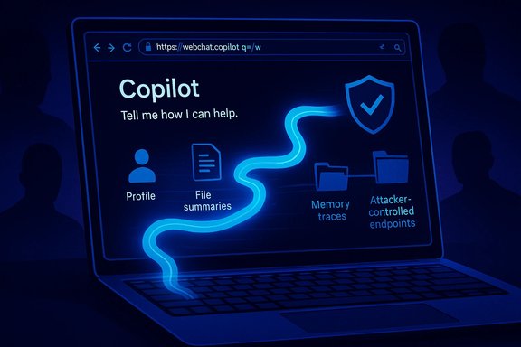 A laptop screen shows Copilot UI with profile, file summaries, memory traces, and attacker-controlled endpoints.