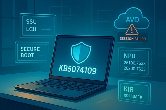 A laptop shows a shield icon with code KB5074109, amid holographic cybersecurity panels.