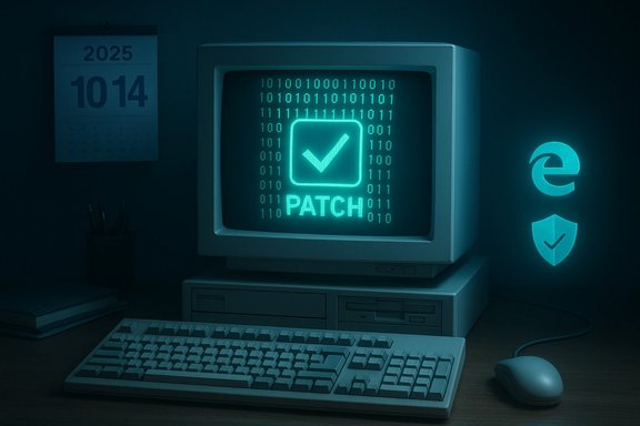 Retro computer screen shows a glowing PATCH checkmark, surrounded by binary and security icons.