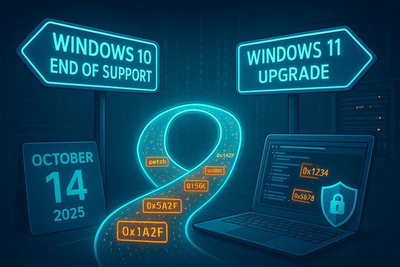 Neon signs warn of Windows 10 end of support and Windows 11 upgrade beside a glowing code loop.