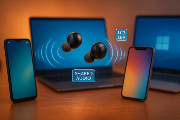 Floating wireless earbuds demonstrate shared audio across phones and laptops.