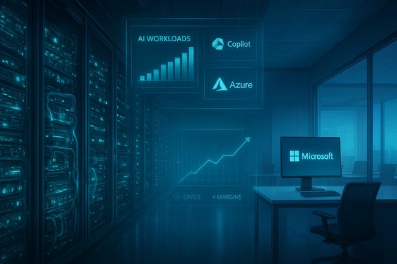 Blue-tinted data center showcasing AI workloads, Azure and Copilot logos with a rising chart.