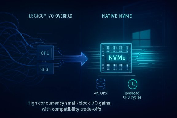 Legacy I/O overhead versus native NVMe, highlighting 4K IOPS and reduced CPU cycles.