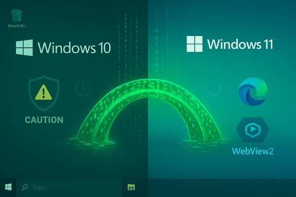 Split-screen showing Windows 10 on the left and Windows 11 on the right, connected by a glowing green arc.
