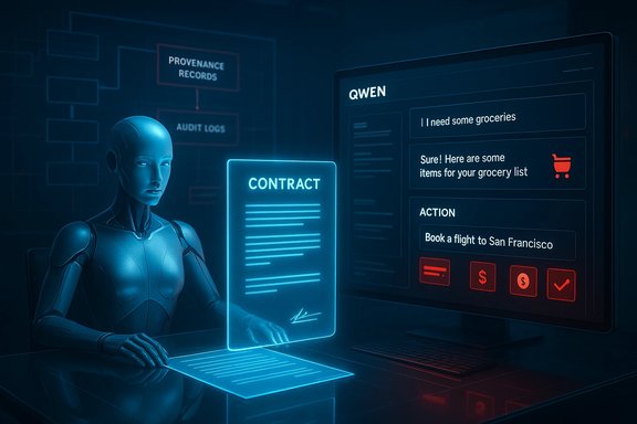 A humanoid robot types a glowing contract as a futuristic screen displays tasks and groceries.