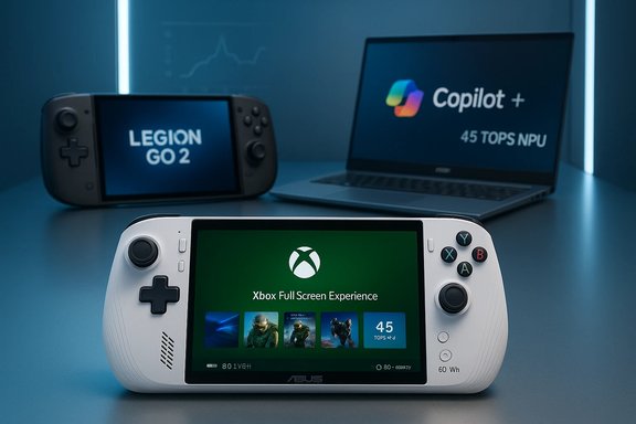 Trio of gaming devices: white Xbox handheld in front, Legion Go 2 on the left, and Copilot+ laptop in back.