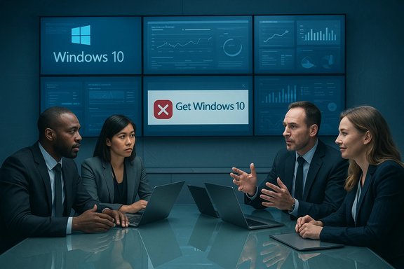 A team of professionals discusses Windows 10 rollout in a high-tech boardroom.