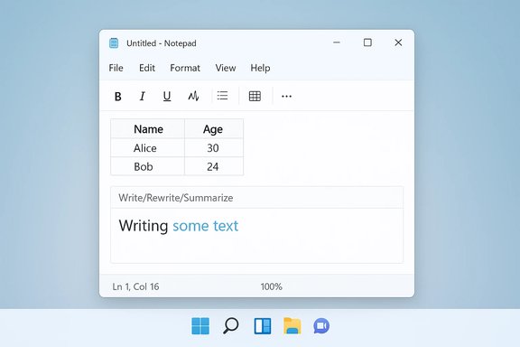 Light Notepad window on a blue background, featuring a Name/Age table and 'Writing some text'.