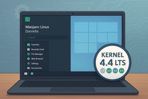 Laptop displays Manjaro Linux desktop with a Kernel 4.4 LTS badge.