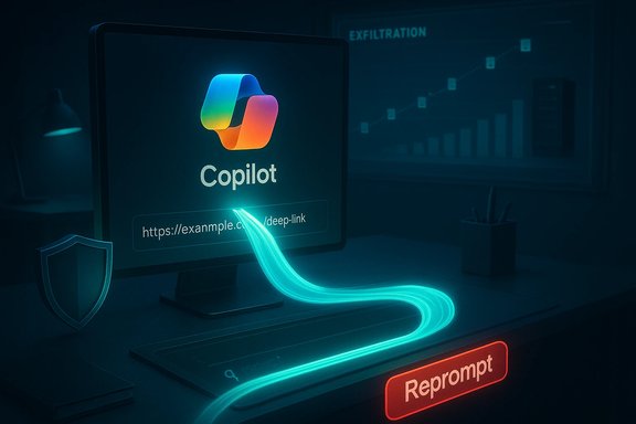 A neon Copilot display glows on a dark desk with a glowing link and a red Reprompt sign.