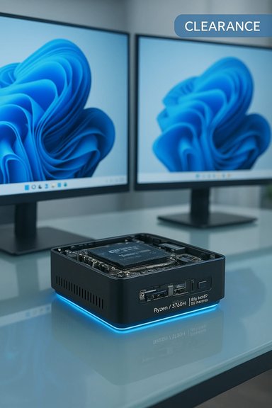 Compact Ryzen mini PC with blue LED glow on a glass desk, in front of dual monitors.