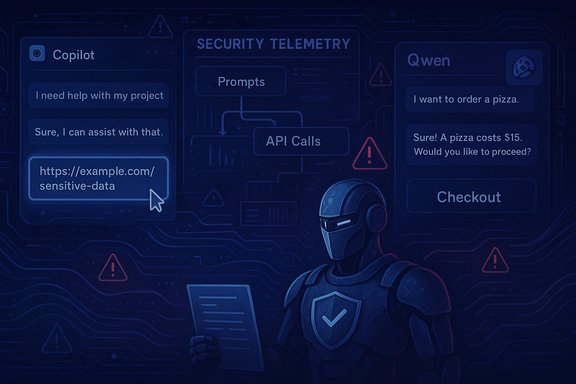 A futuristic security AI robot monitors prompts and API calls on a neon circuit-board interface.