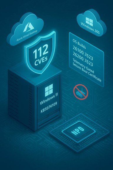 A Windows server displays a shield labeled 112 CVES beside Azure Virtual Desktop and Windows 365 clouds.
