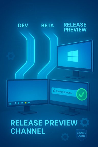 Blue neon illustration of Windows release channels: Dev, Beta, Release Preview.