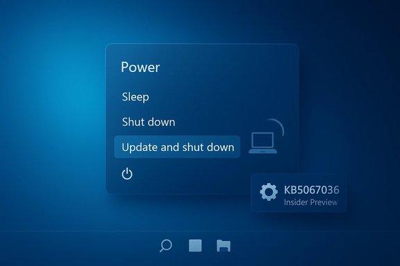 A blue Windows-style power menu with options to Power, Sleep, Shut down, or Update and shut down.